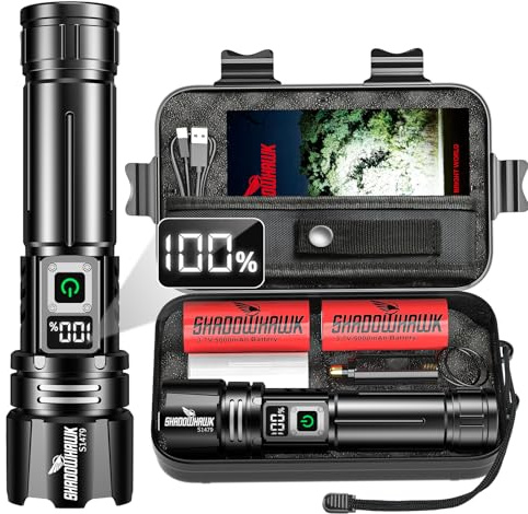 Shadowhawk 24H Runtime Rechargeable Torch (2pcs Batteries) | IP67 Waterproof 500000 Lumen Super Bright Flashlight with LCD Display for Camping/Emergency/Dog Walking/Power Cuts, 5 Modes, Zoomable