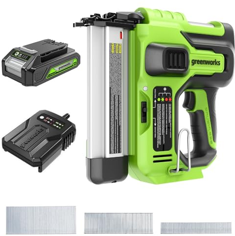 Greenworks Cloueuse sans fil 24 V (100 coups/min, longueur de clou max. 50 mm, réglage de la profondeur, tir simple/série, avec 500 clous, avec batterie 2 Ah et chargeur)