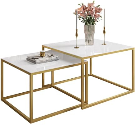 Lookway Couchtisch Yoshi 2in1 Glass mit Glasplatte | Gold matt Gestell | Quadratische Tische 60x60 & 70x70 cm | Moderner Wohnzimmertisch für Glamour & Eleganz (Weiß Glass)