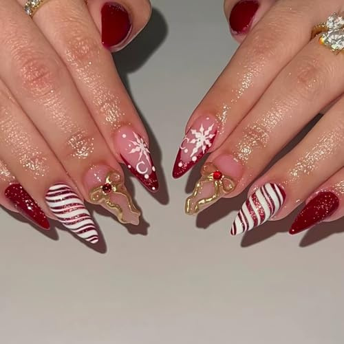 24PCS Christmas French Press On Nails Almond, Red & White Glitter Glossy French Tip False Nails with Golden 3D Bow Snowflake Designs, Acrylic Stick on Nail Manicure Kits for New Year Nail DIY