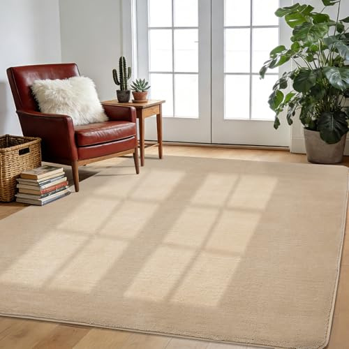 Novalife Teppich Kurzflor Teppich für Wohnzimmer,Weich Waschbarer & Anti-Rutsch Modern Shaggy Beige Carpet für Schlafzimmer, Kinderzimmer