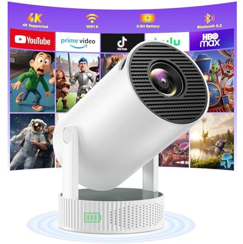 Smart Mini Beamer, Upgraded Beamer 4K mit Integriertem Akku, 1080P HD Mini Projektor Tragbarer Unterstützung Android 11 WiFi6 BT5.4, Projektor Klein Auto Keystone Kompatibel mit HDMI/TV Stick/Laptop