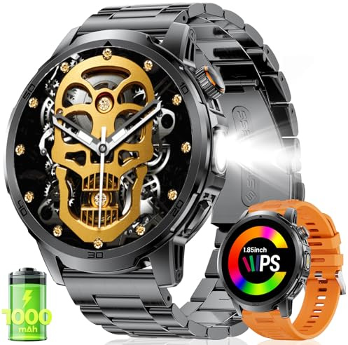 FEELNEVER Montre Connectée Homme avec 1000mAh/1,85'' HD Grand Écran/LED Lampe,Smartwatch Homme avec Moniteur de Fréquence Cardiaque et Sommeil/110+ Modes Sportifs,IP68 Étanche Android iOS, Noir Orange