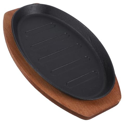 Plancha de Asar de Hierro Fundido, 1 Juego con Base de Madera | Asador Hierro Fundido, Plato Hierro Fundido Carne, Grill Asador, Superficie Lisa y Resistente