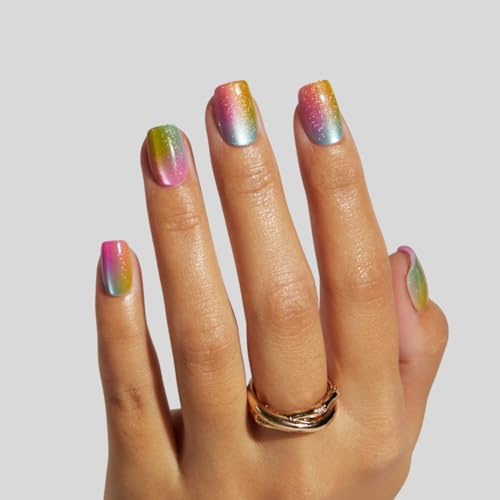 LAMIMOSA 32Pcs Glittery Press On Nails Short Square, Colorful Sparkly False Nails with Glue, Soft Gel Fake Nails in 16 Sizes with Cat Eye Effect, Summer Holiday Stick On Nails Kit, RAINBOW SPARKLE
