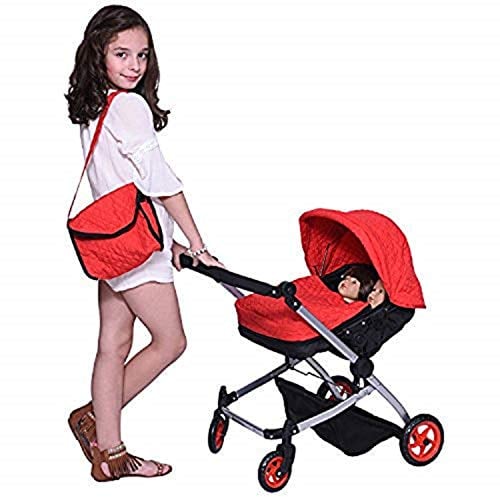 The New York Doll Collection Moderne Zwillingspuppe - Deluxe Baby Boo Puppenwagen Rot gesteppter Stoff - Höhenverstellbar - Kostenlose Windeltasche - Extra groß für 18 Zoll/46 cm Puppen