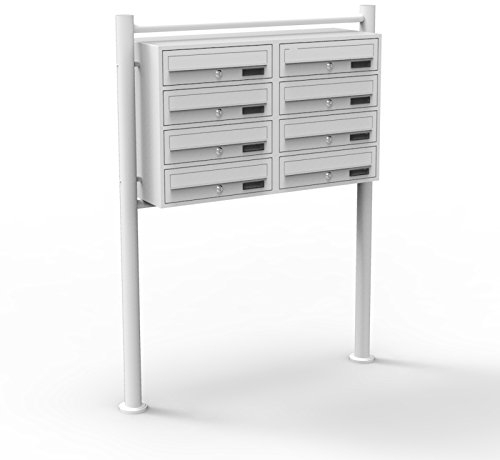 Wiltec 8er Briefkastenanlage weiß 270 x 898 x 1500 mm, Standbriefkasten mit 2x4 Fächern, Schlüssel und Namensschild, Briefkasten Postkasten mit Ständer
