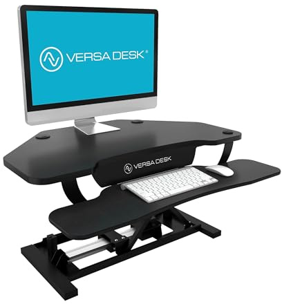 VERSADESK® PowerPro™ 36 Corner Standing Desk Converter, 36 Inch Motorized Height-Adjustable Standup Desk Riser Sit to Stand Desktop with Keyboard and Mouse Tray + USB Charging Port, Black