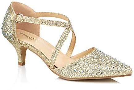 Women-Ladies-Low-Kitten-Heel-Strappy-Diamante-Court-Shoes-Party-and-Bridal-Wear New Size 3 to 8 (5 UK, Gold)