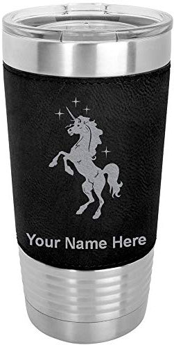 LaserGram Vaso aislado al vacío de 20 onzas, unicornio, grabado personalizado incluido (piel sintética, negro)