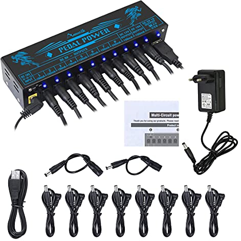 Amuzik Guitar Pedal Power Supply 10 Isolato DC Output per chitarra da 9 V/12 V/18 V, pedali con porta di ricarica USB per tablet, con adattatore di alimentazione DC 18 V/1 A