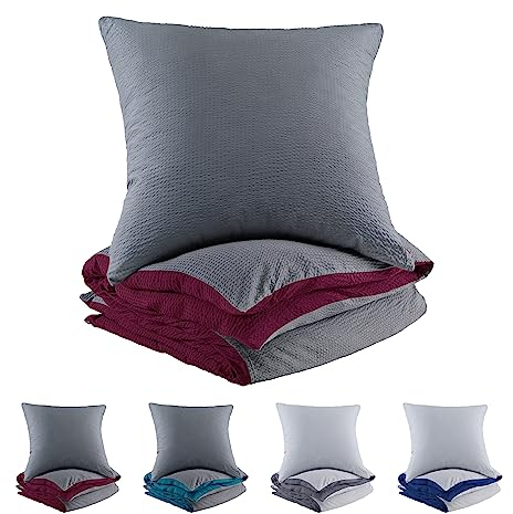 BaSaTex Mikrofaser Seersucker Bettwäsche und Kissenbezug Uni Wende Bettbezug für Bettdecke und Kissen| 135x200 + 80x80 | 100% Microfaser Polyester | Bordeaux Rot - Grau Anthrazit