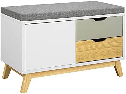 SoBuy FSR92-W Schuhbank mit 2 Schubladen und 1 Tür Truhenbank Sitzbank mit Stauraum Garderobenbank Dielenbank Bettbank Schuhtruhe Sitzkommode BHT ca.: 80x51x38cm