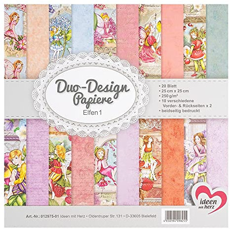 Ideen mit Herz Duo-Design-Papiere | Block mit 20 Blatt Bastelpapier | 25 x 25 cm | 250g/m² | beidseitig bedruckt | Designpapier, Motivpapier | ideal für Scrapbooking, Basteln (Elfen 01)
