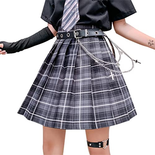 ORANDESIGNE Jupe Plissée Courte Taille Haute pour Femme et Fille JK Jupe Mini à Carreaux Ecole de Tennis Evasée avec Doublure C Gris M