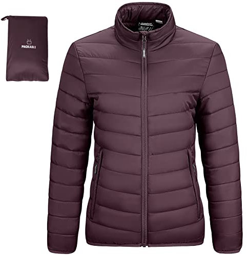 Outdoor Ventures Womens Winter Lightweight Jacket Warm Short Packable Puffer Jacket Transitional Padded Jacket Quilted Jacket for Ladies Lined for Hiking Travel, Eggplant 2XL