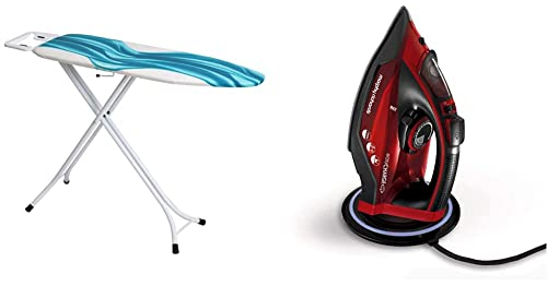 Mabel Home Adjustable Height, Deluxe, 4-Leg, Ironing Board, Extra Cover, Blue/White Patterned & Morphy Richards 303250 Cordless Steam Iron easyCHARGE 360 Cord-Free, 2400 W, Red/Black