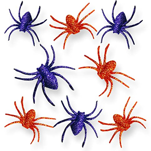 AKH® Halloween Spinnen | 8 Stück | Größe 7 x 5 cm | Halloween Kunststoff Glitzer Spinnen | Halloween Party Dekoration | Gruselige Spinne Tischstreusel Halloween (Orange & Violett)