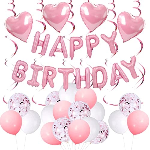 Rosa Geburtstagsdekorationen für Frauen Mädchen, Happy Birthday Ballon Banner Dekoration, Rosa Partydekorationen für 1. 13. 16. 21. 30. 40. 50. 60. 70. Geburtstag Partyzubehör