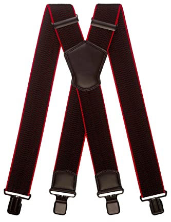 Olata Extra Breite Herren Hosenträger X-Form Metall Clip mit Schwarz Leder – 5 cm. Schwarz/Rot (Schwarz Clips)