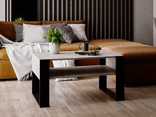 MRBLS Couchtisch – modernes rustikales Design – Wohnzimmer-Tisch Beistelltisch Kaffeetisch Sofatisch Teetisch aus Holz (Beton - Schwarz Matt) - 92 x 45 x 53,6 cm (B/H/T)
