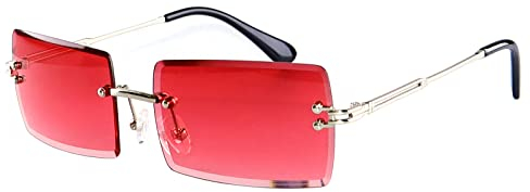 YUELUQU Retro Rahmenlose Sonnenbrille für Damen Herren Mode Retro Rechteck Brille Quadratische durchsichtige Sonnenbrille (A-Silber/rot)