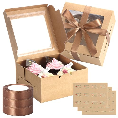 TsunNee 30PCS Kraft Cupcake Boxes 4 Hole with Window, Reusable Cardboard Cake Boxes for Cupcakes Muffins Treats, Disposable Paper Bakery Boxes Gift Boxes for Home Baker Wedding Birthday Christmas