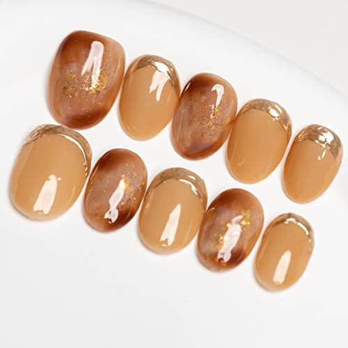 Sun&Beam Nails Handmade Press-on Short Round Gold Yellow Ombre French Gradation Design Fashion False Nail Tips 10 Pcs Set (#083 S)
