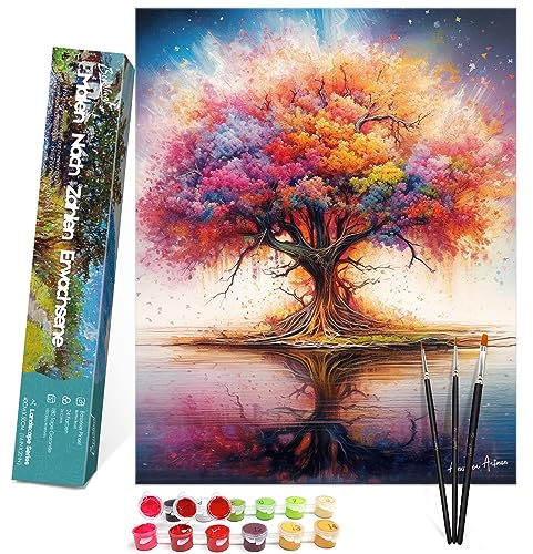 Bougimal Malen Nach Zahlen Erwachsene Landschaft ohne Rahmen inklusive Pinsel und Acrylfarben - 40 x 50 cm, Bunte Bäume 2
