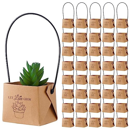 Fulmoon 40 envoltorios de suculentas con asas de plástico, bolsas de papel kraft, caja de regalo para suculentas, cestas de regalo para fiestas de bebé (color marrón)