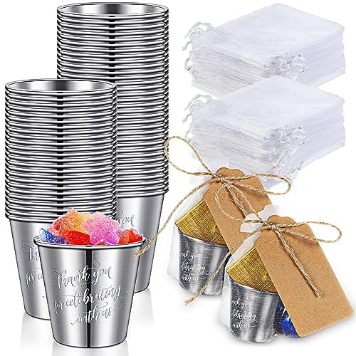 TaoBary Set of 48 1.5 oz Stainless Steel Shot Glasses Metal Shot Glasses with Kraft Tags and String and White Organza Bag for Guests Birthday Wedding Travel Party Souvenir Gift Favors
