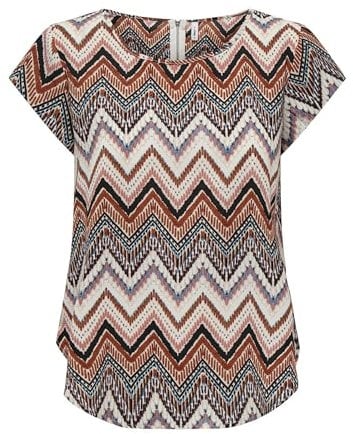 ONLY Damen Einfarbige Kurzarm Bluse Basic Rundhals Ausschnitt Blusen T-Shirt Blouse Oberteil ONLVIC, 15161116,Cloud Dancer/AOP:Arabian Zigzag,36