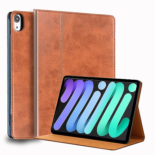 Gexmil Leder Hülle für iPad mini 7 A17 Pro 2024,iPad mini 6. Generation 2021 8,3 Zoll Echt Leder Smart Cover Stoßfest,Automatischer Schlaf/Aufwachen,Einstellbarer Ständer,rutschfest,Braun