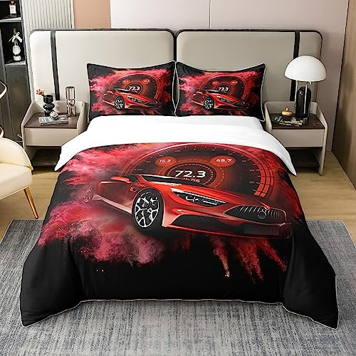 Speed Sports Auto100% Baumwolle Bettbezug 135x200 Rot Sports Autobettwäsche Set Kühl Speed Rennwagen Tröster Abdeckung Splash Aquarell Auto Extreme Sport Bett Set mit 1 Kissenbezug für Kinder Zimmer