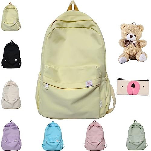 Camic Difa Bear Backpack, Kawaii Aesthetic Canvas Travel Laptop Rucksack, Gelb, 16.93x11.42x5.12 inches