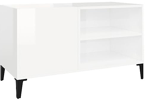 Gecheer Home Turntable Stand with Vinyl Record Storage Wood Side Cabinet Simple Design TV Table with Open Front Storage Compartment High Gloss White 84.5x38x48 cm Engineered Wood
