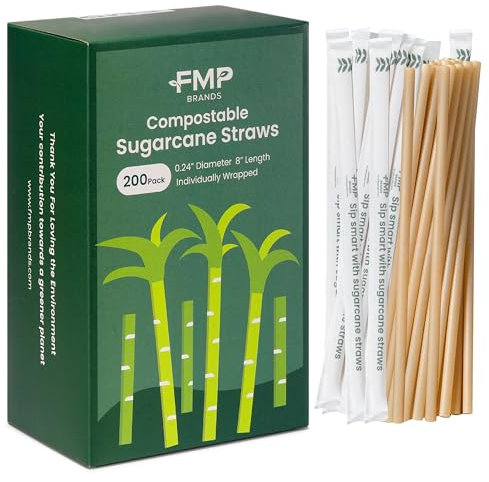 Fit Meal Prep [200 Pack] Disposable Biodegradable Straws 8 Inch Individually Wrapped, 100% Compostable Plant Based Recyclable Eco-Friendly Drinking Straws for Party, Cold Drinks, Smoothie, Coffee