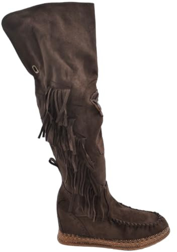 Malu Shoes Stivali donna indianini marrone scamosciati alti sopra al ginocchio frange zeppa interna 5cm cinturino fibbia stemma (37 EU)