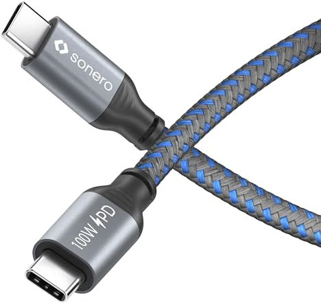 Sonero® Cable de carga USB-C, carga para teléfono móvil, cable de carga rápida, USB tipo C, USB 2.0, 100W PD, gris/azul, 1,50m