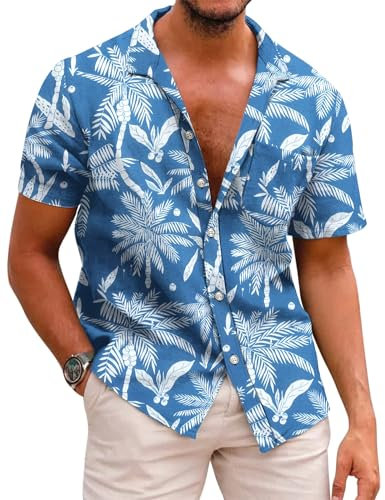 COOFANDY Chemise Homme Hawaienne Manche Courte Chemise à Fleurs Imprimé Plage Casual Vacances avec Poche Chemises d'Été Décontractées A-Bleu S