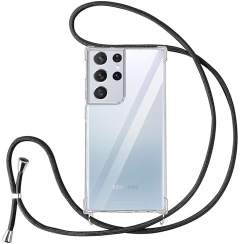 Vauki Coque pour Samsung Galaxy S21 Ultra 5G avec Cordon de Collier,Silicone Transparent TPU+PC Bumper Protection Étui Lanyard avec Sangle Réglable Chaîne Case pour Samsung S21 Ultra 5G