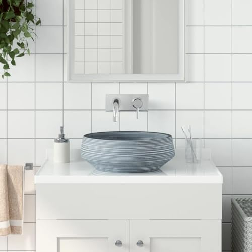 Festnight Waschbecken Aufsatzwaschbecken Keramik Waschbecken Rund Grau Rund Ø41x14 cm Kleine Waschtisch Handwaschbecken Waschbecken Bad Aufsatzwaschbecken für das Badezimmer
