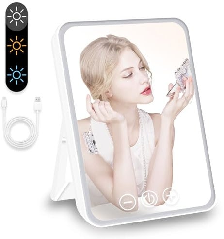 Vanity Mirror With Lights, Folding Tabletop Rechargeable Light Up Makeup Mirror - Portable for Travel With 3 Color Lighting for Office Desk, Vanity Table