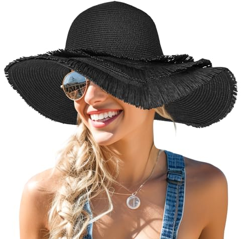 Strandhüte für Damen, breite Krempe, Strohhüte für Frauen mit Fransen, UPF 50+, faltbar, Schlapphut für den Sommer, Schwarz, 5-7 1/4