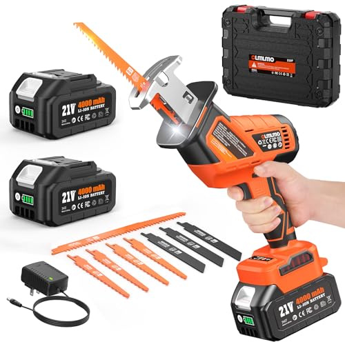 Cordless Reciprocating Saw With 8 Blades – 2×4000mAh Batteries, Brushless Motor, Variable Speed 0‑3200 SPM, Tool‑Free Blade Change, Power Reciprocating Saw for PVC Wood, Metal Cutting DIY
