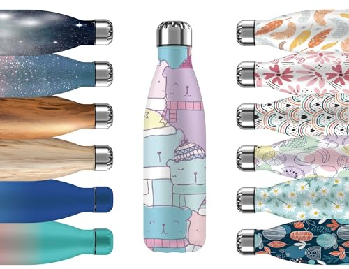 Mi Ko Mi Ka Botella de Agua Térmica de Acero Inoxidable Reutilizable | Sin BPA | Mantiene 24H Frio / 12H Calor | Hermética - Doble Pared a Prueba de Fugas (Perros, 500ml)