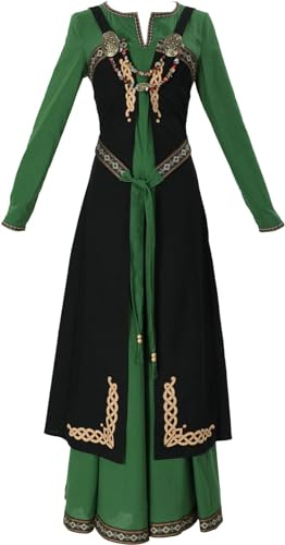 FENXIXIONE Viktorianisches Kleid, Renaissance-Kostüm, Damen, Gothic-Hexenkleid, mittelalterliches Hochzeitskleid mit Gürtel und Brosche (Schwarz,XXL)