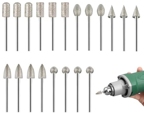 20Pcs Diamond Grinding Burr Bit Set for Dremel Rotary Tool with 1/8 Inch 3mm Shank Drill Accessories Multi-shape Head for Stone Glass Ceramics Carving Grinding Polishing Engraving