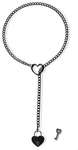 sroyte Heart Slip Chain Necklace for Women Stainless Steel Heart O-Ring Adjustable Lariat Y-Necklace Punk Long Cuban Heart Lock Necklace with Key, 25, Stainless Steel, No Gemstone