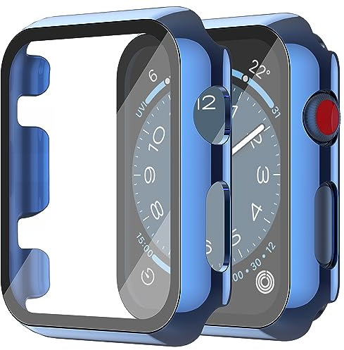 Piuellia 2 Pack Hard Case PC Displayschutzfolie mit Panzerglas Kompatibel für Apple Watch Series 3 Series 2 38mm, Cover Anti-Fall Ultradünn Vollschutz für iWatch, 1 Blau + 1 Transparent